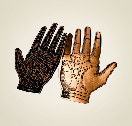 Two hands with palm reading lines and text on a white background