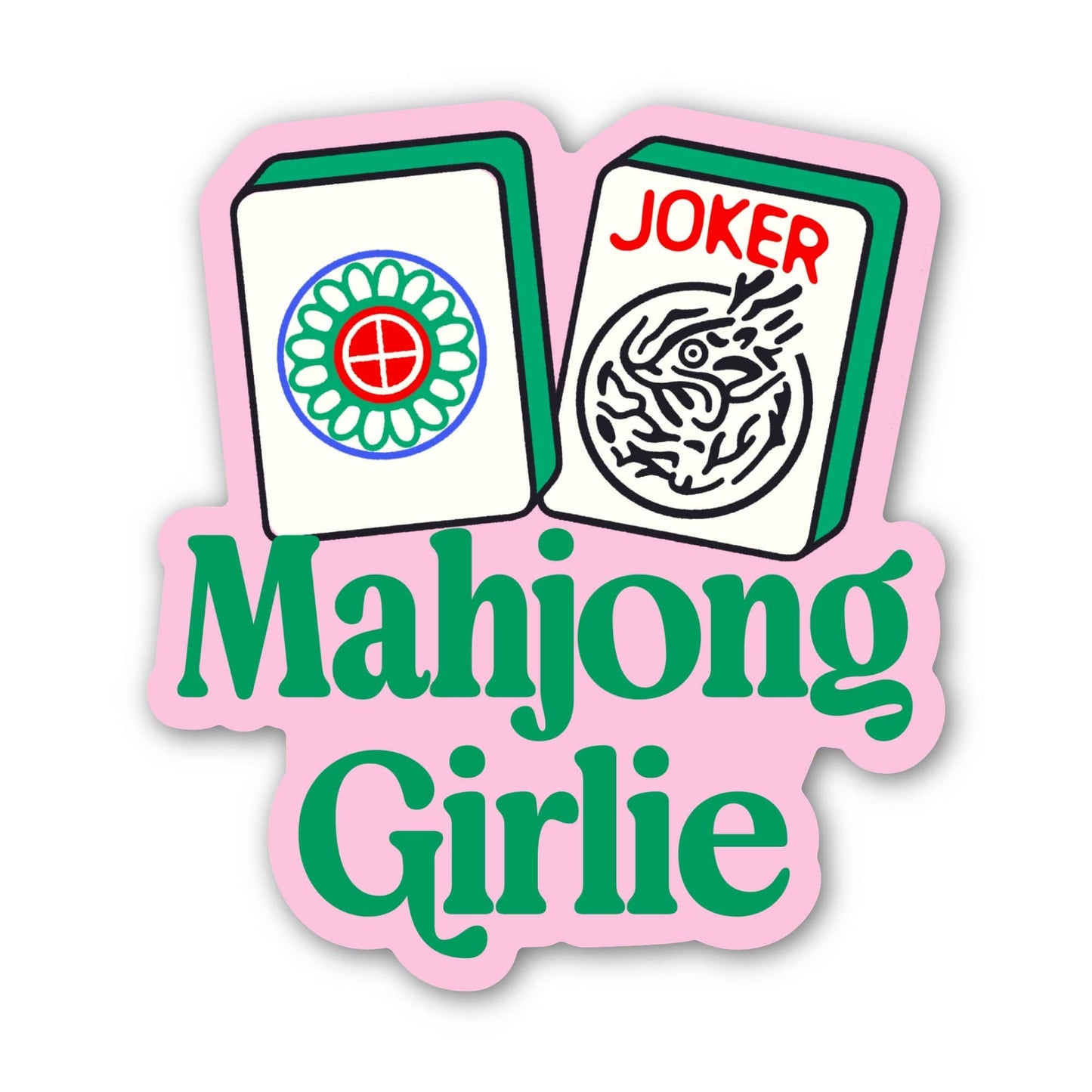 Sticker with Mahjong game cards and 'Joker' text on a pink border with 'Mahjong Girlie' text.