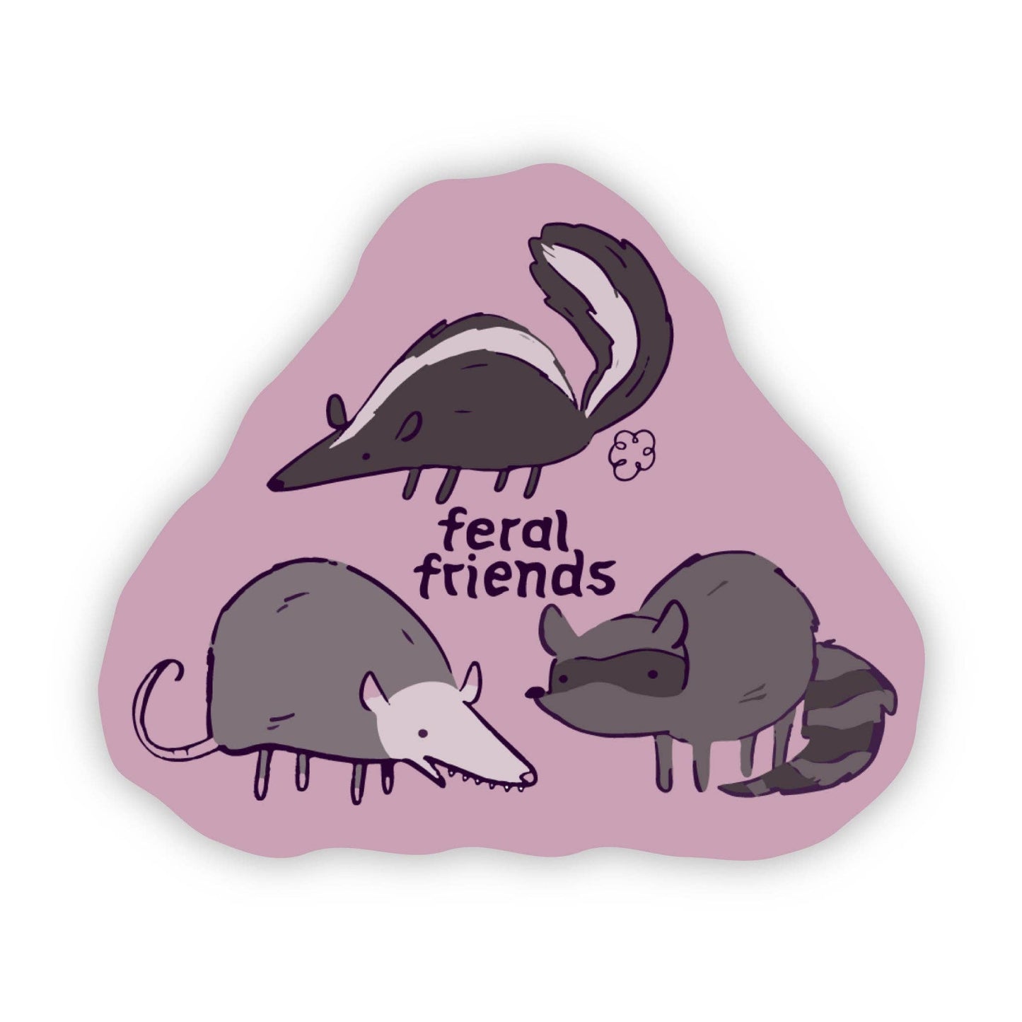 Pink stone with illustrations of animals and 'feral friends' text on a white background