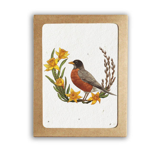 Card with a robin and daffodils design on a white background