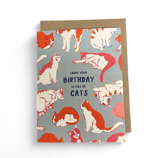 Greeting card with cat illustrations and text on a gray background