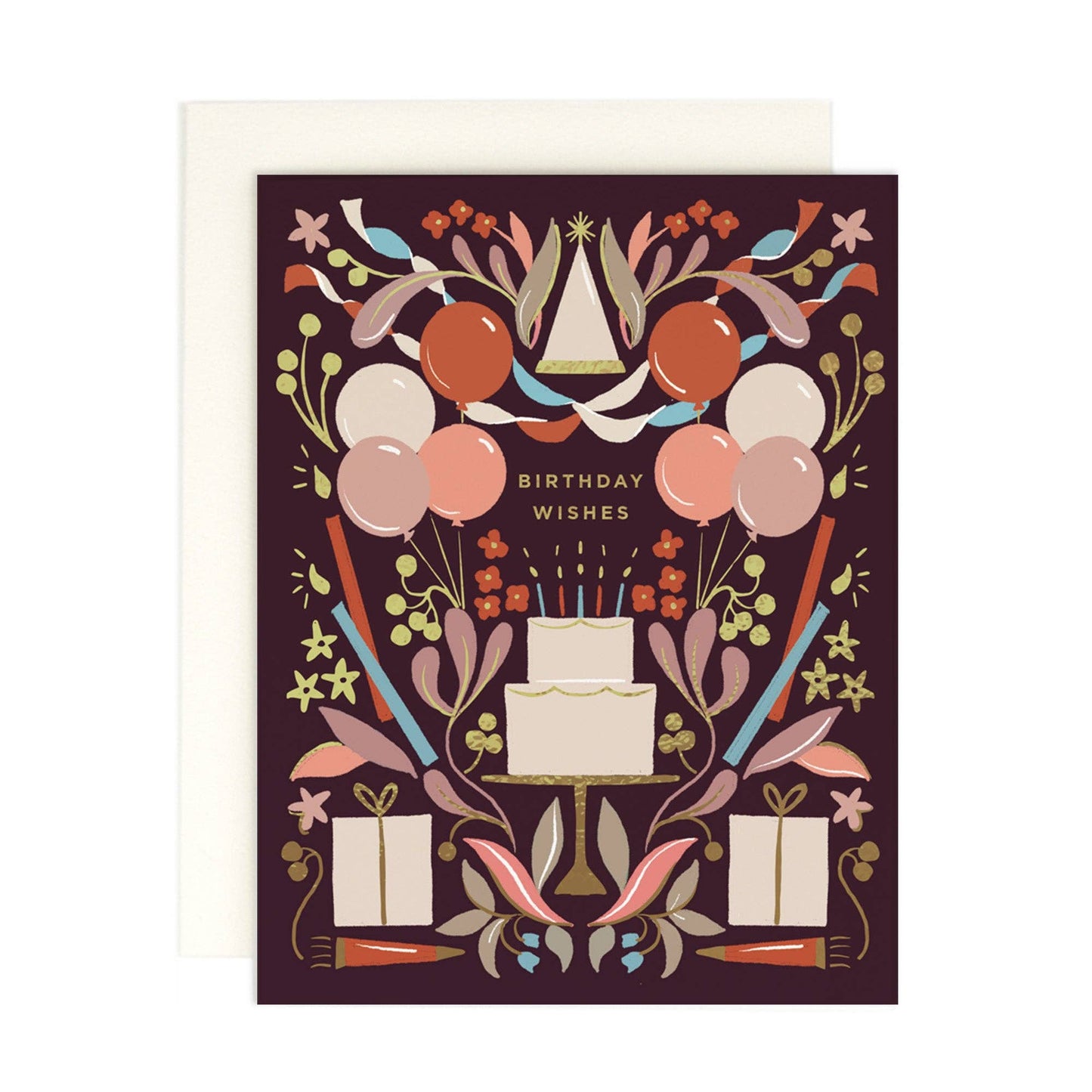 Greeting card with birthday-themed design featuring balloons, cake, and presents on a dark background.