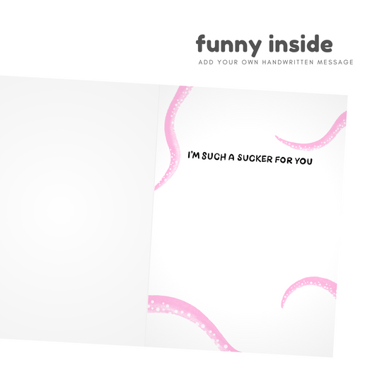 Card with pink heart design and text 'I'm such a sucker for you' on a white background.