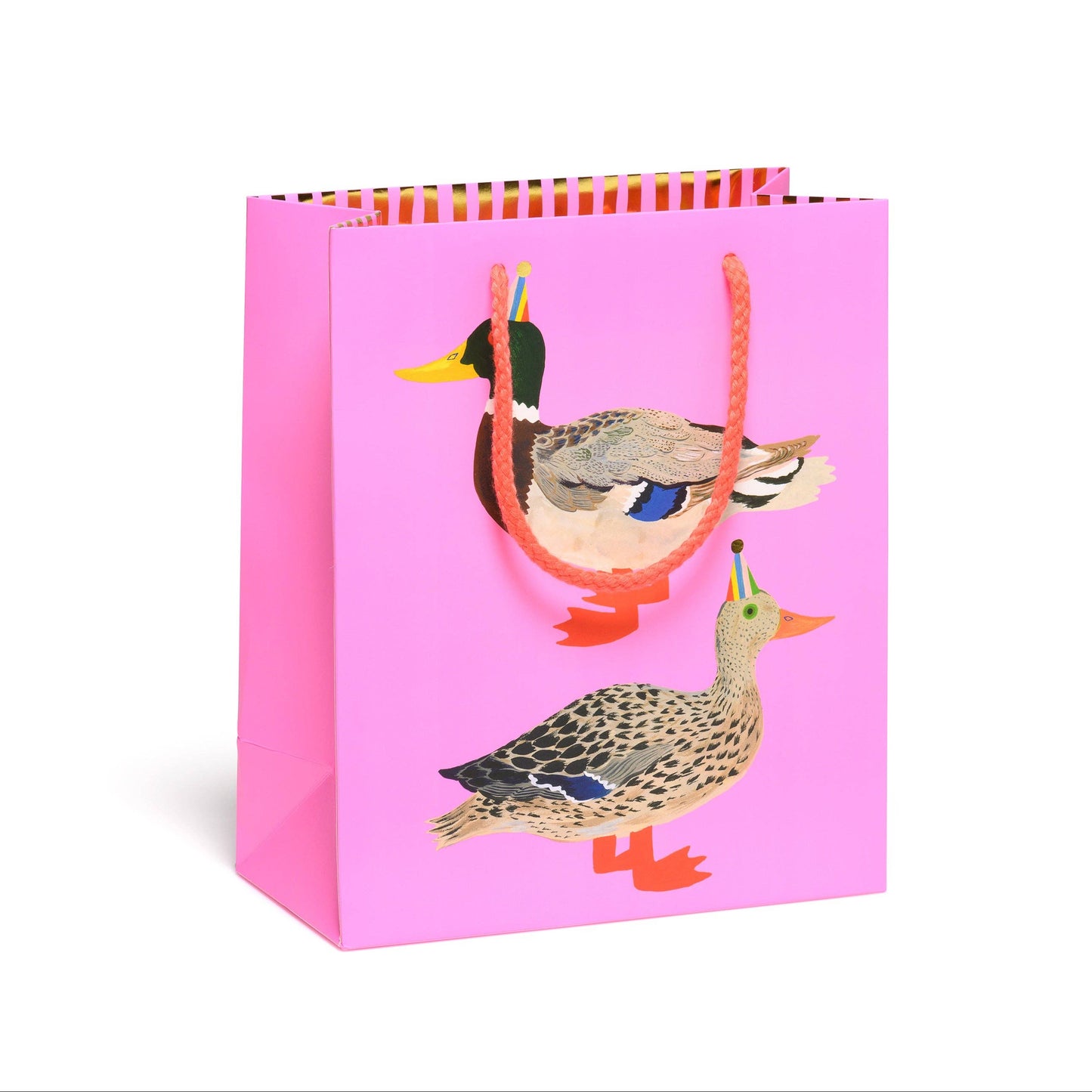 Pink gift bag with duck illustrations on a white background