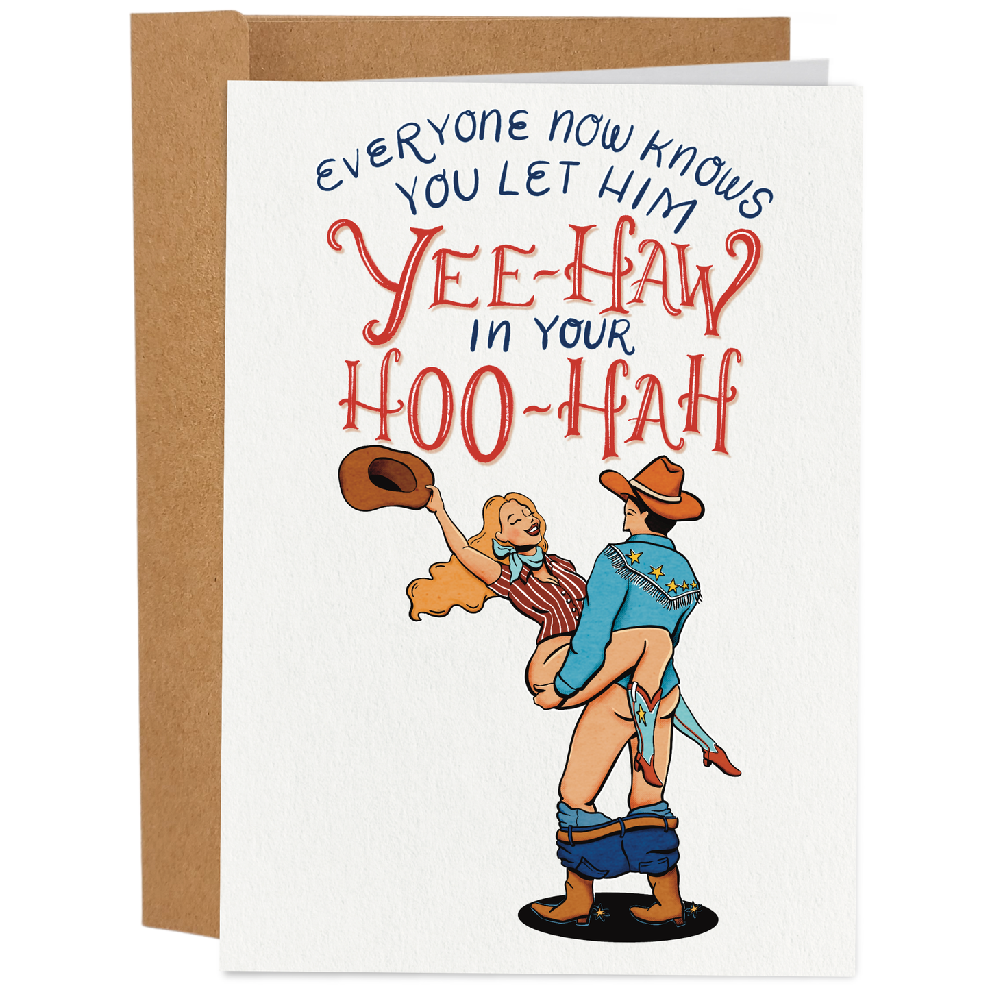 Card with cowboy illustration and humorous text on a white background