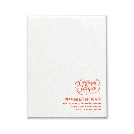 White card with red text and logo on a white background