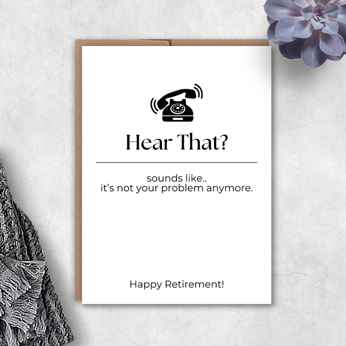 Greeting card with a phone icon and humorous text on a light gray background