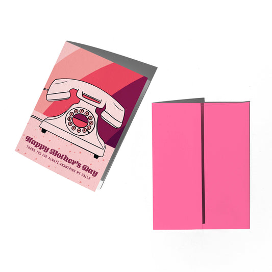 Greeting card with a retro telephone design and pink envelope on a white background