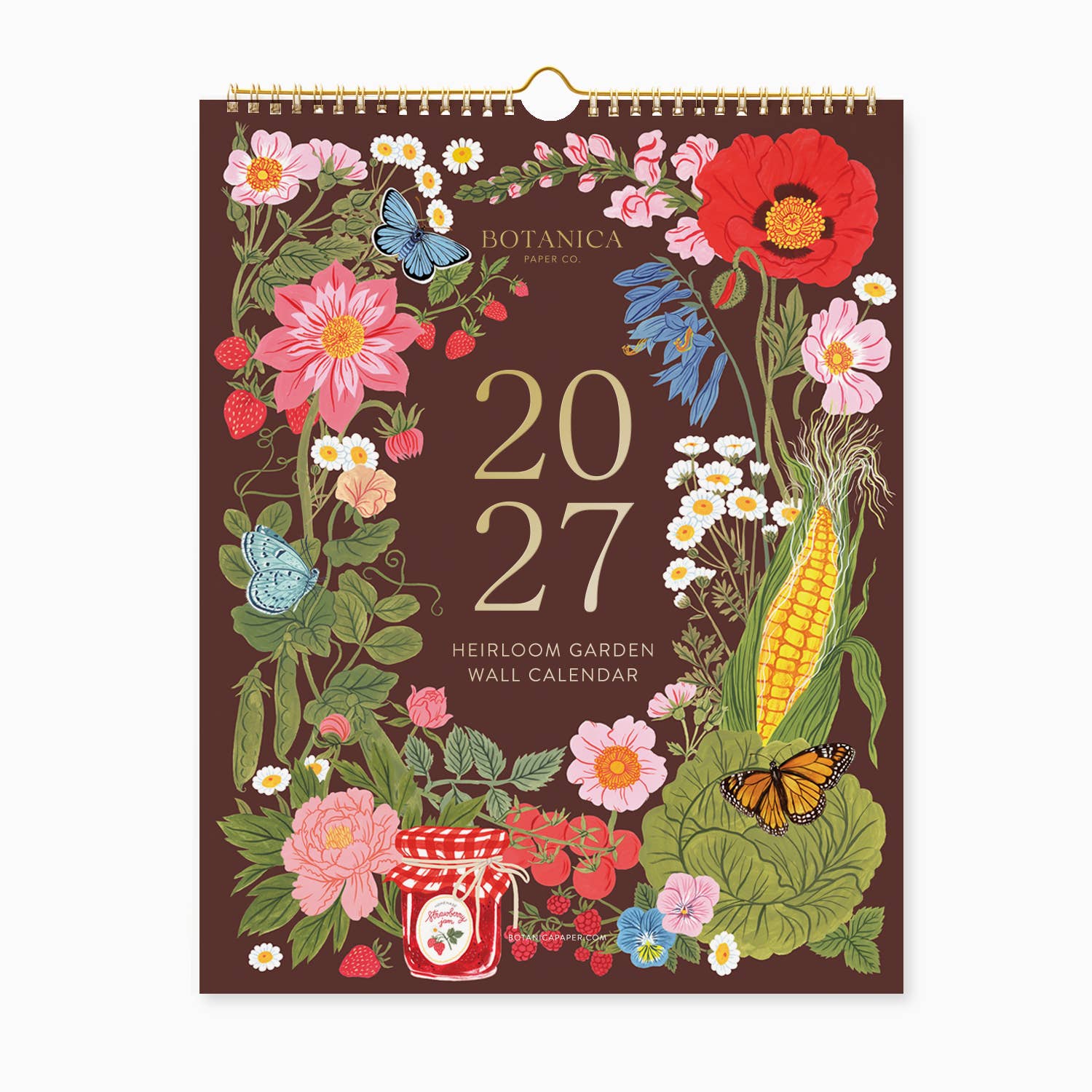 A hanging wall calendar cover for 2027 titled 'Botanica Paper Co. Heirloom Garden Wall Calendar,' featuring a dark brown background surrounded by colorful illustrated flowers, leaves, butterflies, an ear of corn, and a jar of jam.
