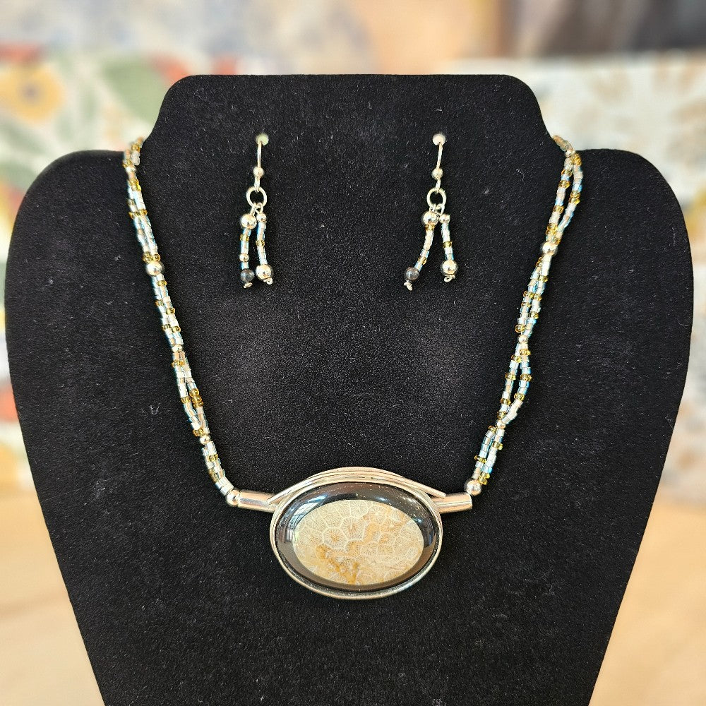 Jewelry Set | Fossil Pendant Necklace & Earrings|123