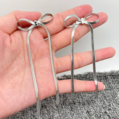 Flat Chain Bow Silver Earrings