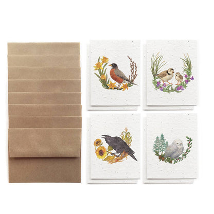 Set of greeting cards with bird illustrations and a brown envelope on a white background