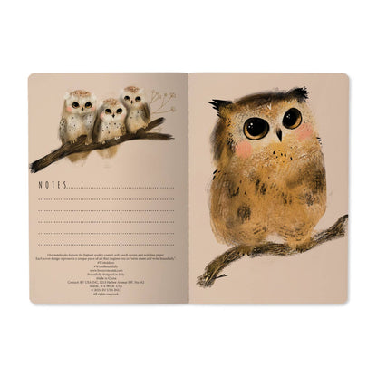 Open notebook with owl illustrations on a beige background