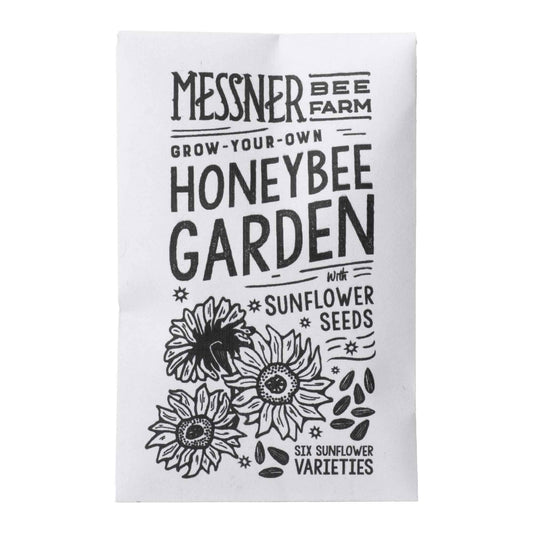 Seed packet for growing sunflower seeds with bee farm branding