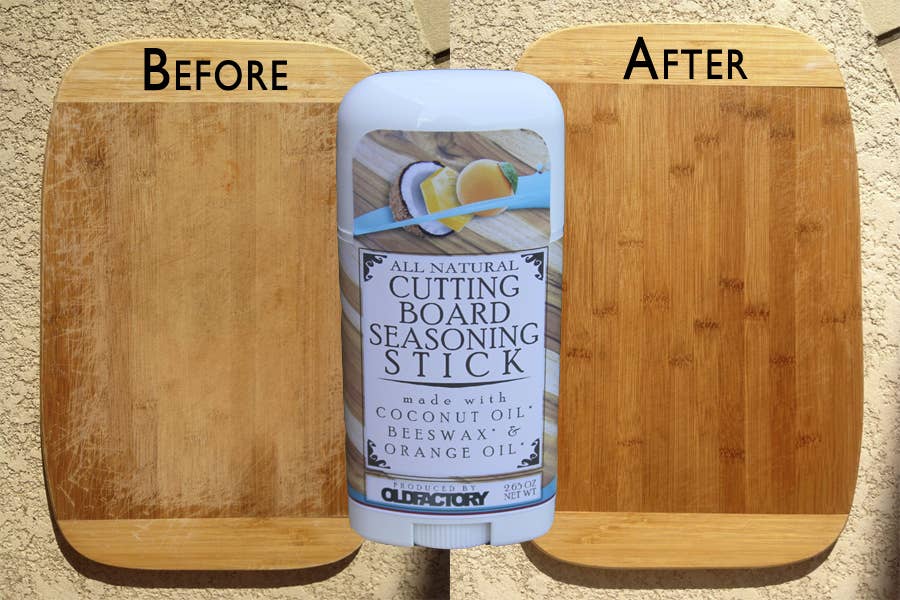 A stick of ClueFactory All Natural Cutting Board Seasoning Stick centered between two wooden cutting boards labeled 'BEFORE' and 'AFTER' on a sandy beige background.