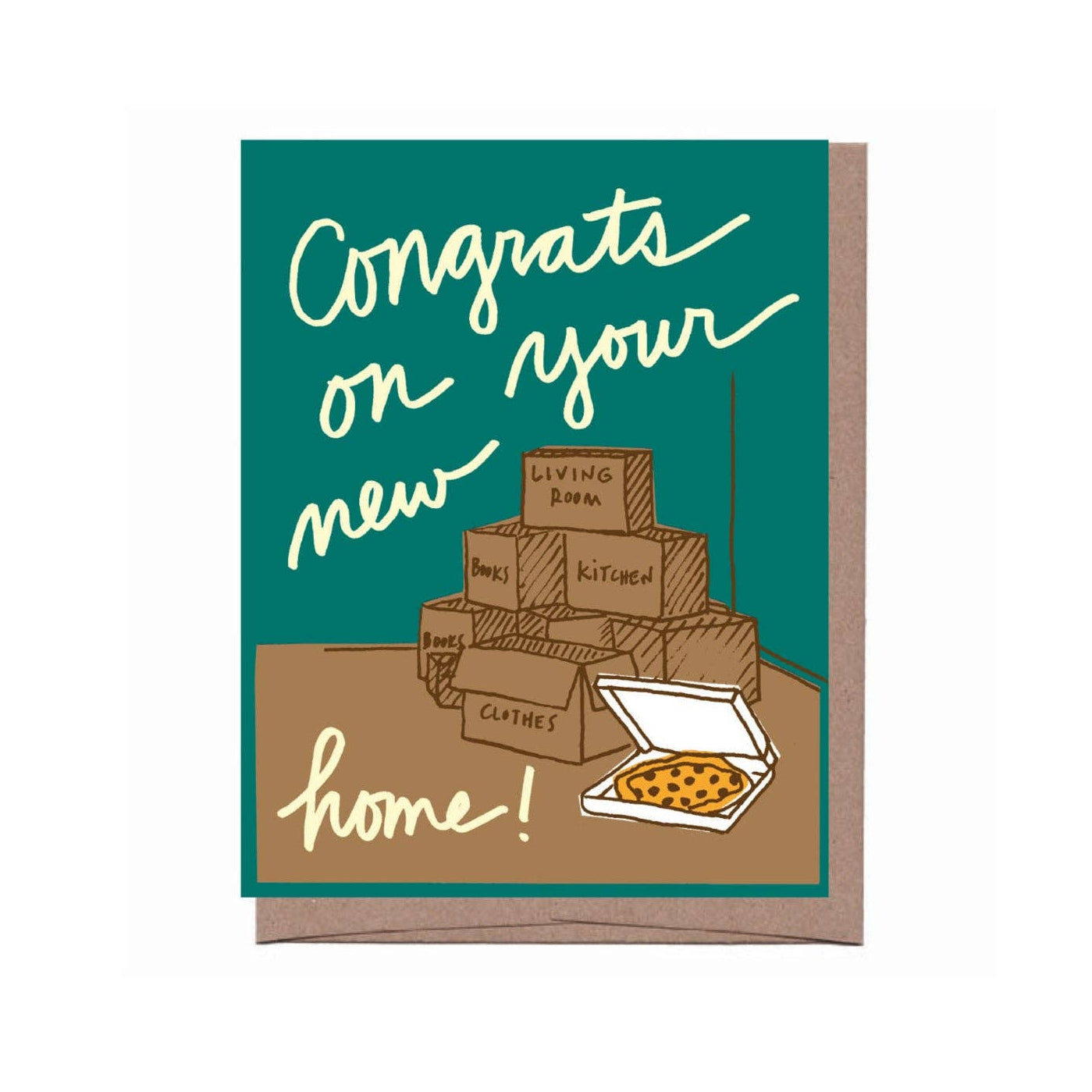 Greeting card with text 'Congrats on your new home!' and illustrations of boxes and a pizza.