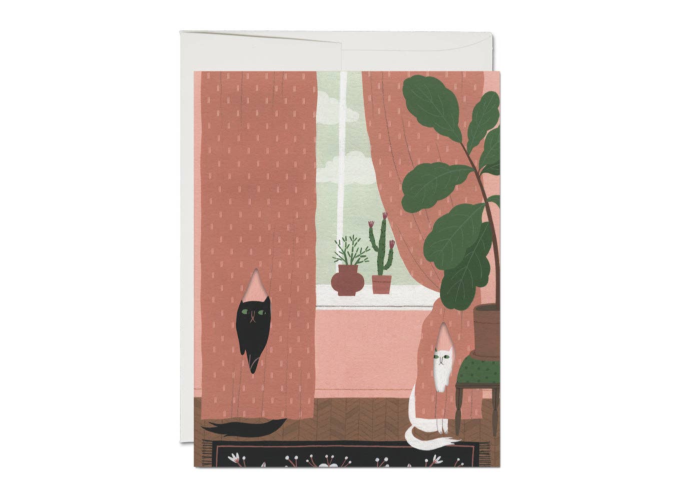 Greeting card with a cat and gnome illustration in a room with plants and curtains.