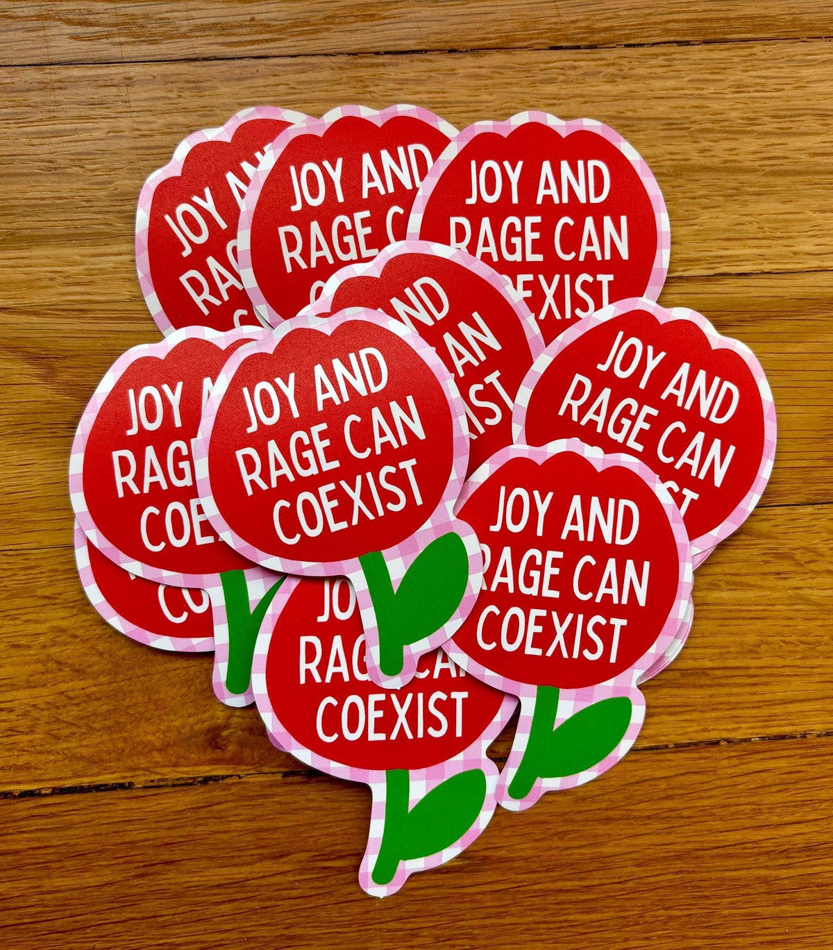 Red stickers with 'Joy and Rage can coexist' text on a wooden surface