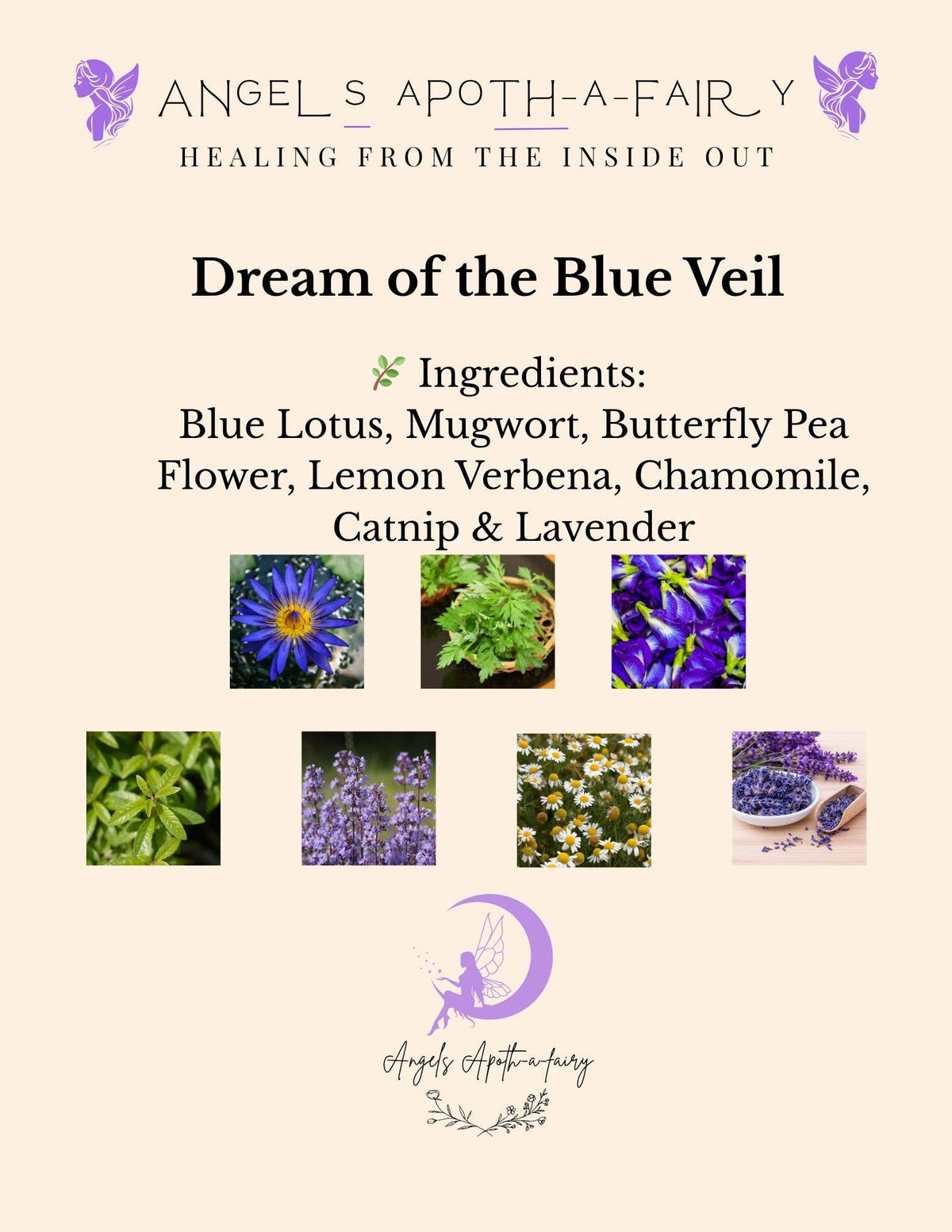 Product packaging for 'Dream of the Blue Veil' with ingredients listed and corresponding images on a beige background.