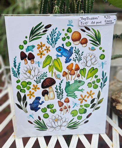 Decorative paper with nature-themed design featuring frogs, plants, and flowers on a white background.