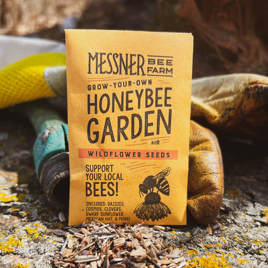 Messner Bee Farm honeybee garden wildflower seeds packaging on a natural background