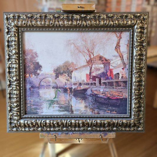 Nessie Travels the World by Alicia Mau Art, upcycled painting, original artwork, Springfield, MO. Shop local, shop small business