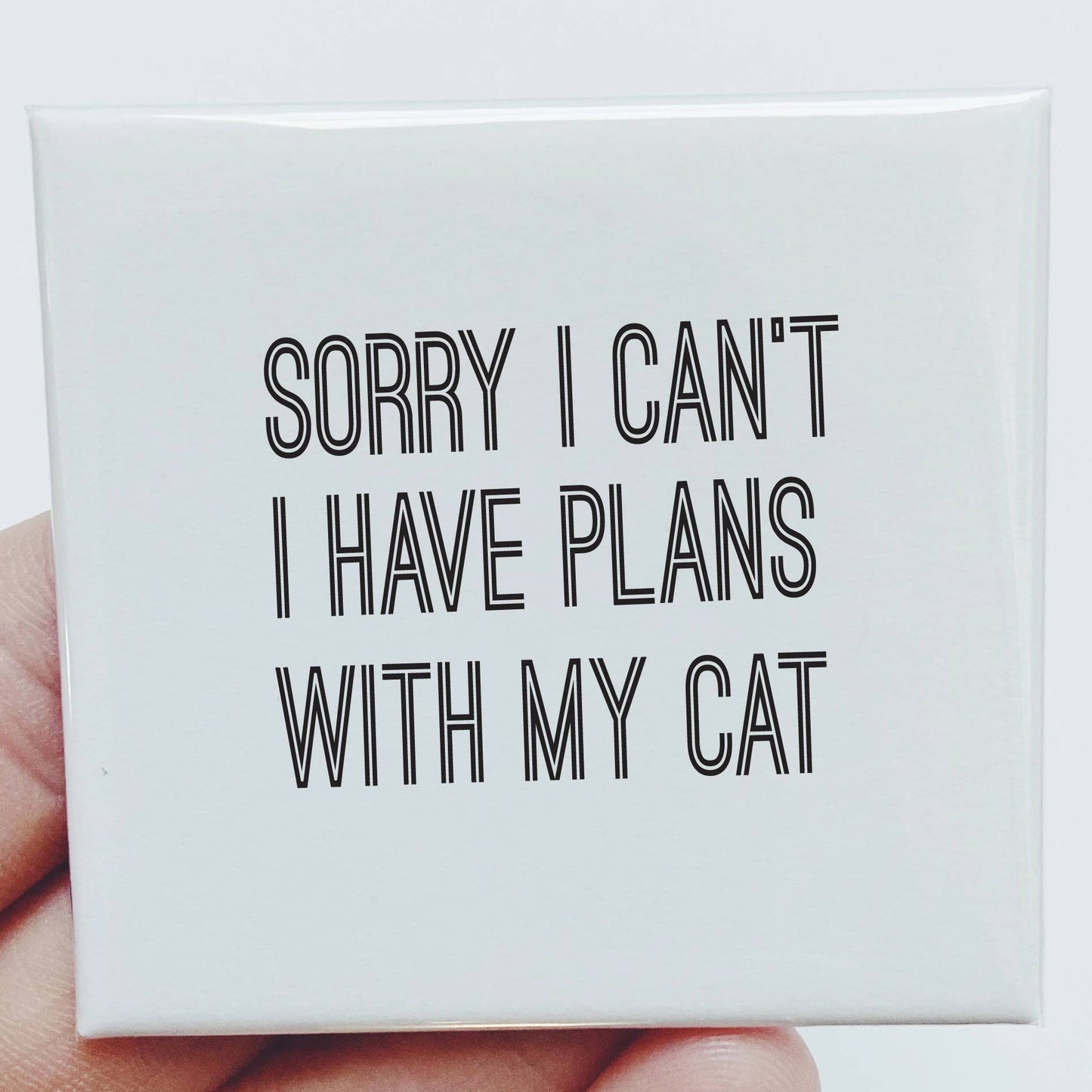 Small square sign held by a hand with text 'Sorry I can't have plans with my cat' on a light background