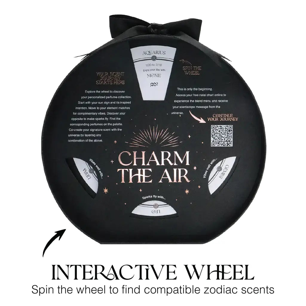 Black packaging with 'Charm the Air' branding and an interactive wheel for zodiac scents on a white background.