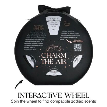 Black packaging with 'Charm the Air' branding and an interactive wheel for zodiac scents on a white background.
