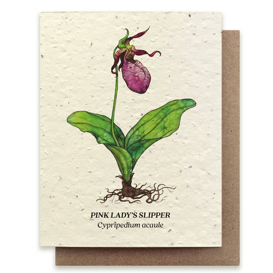 Card with illustration of a pink lady's slipper orchid on a white background