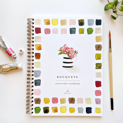 Watercolor workbook titled 'Bouquets' with color swatches and art supplies on a white background