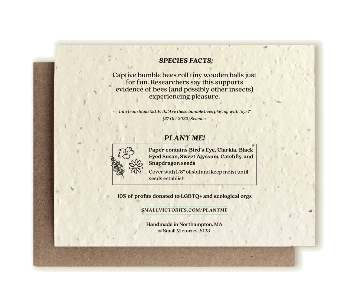 Seed paper card with species facts and plantable message on a white background