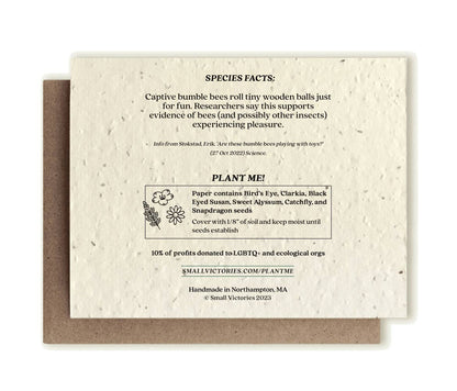 Seed paper card with species facts and plantable message on a white background