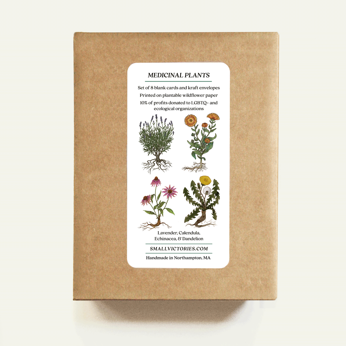 Kraft paper box with botanical illustrations and text on a white background