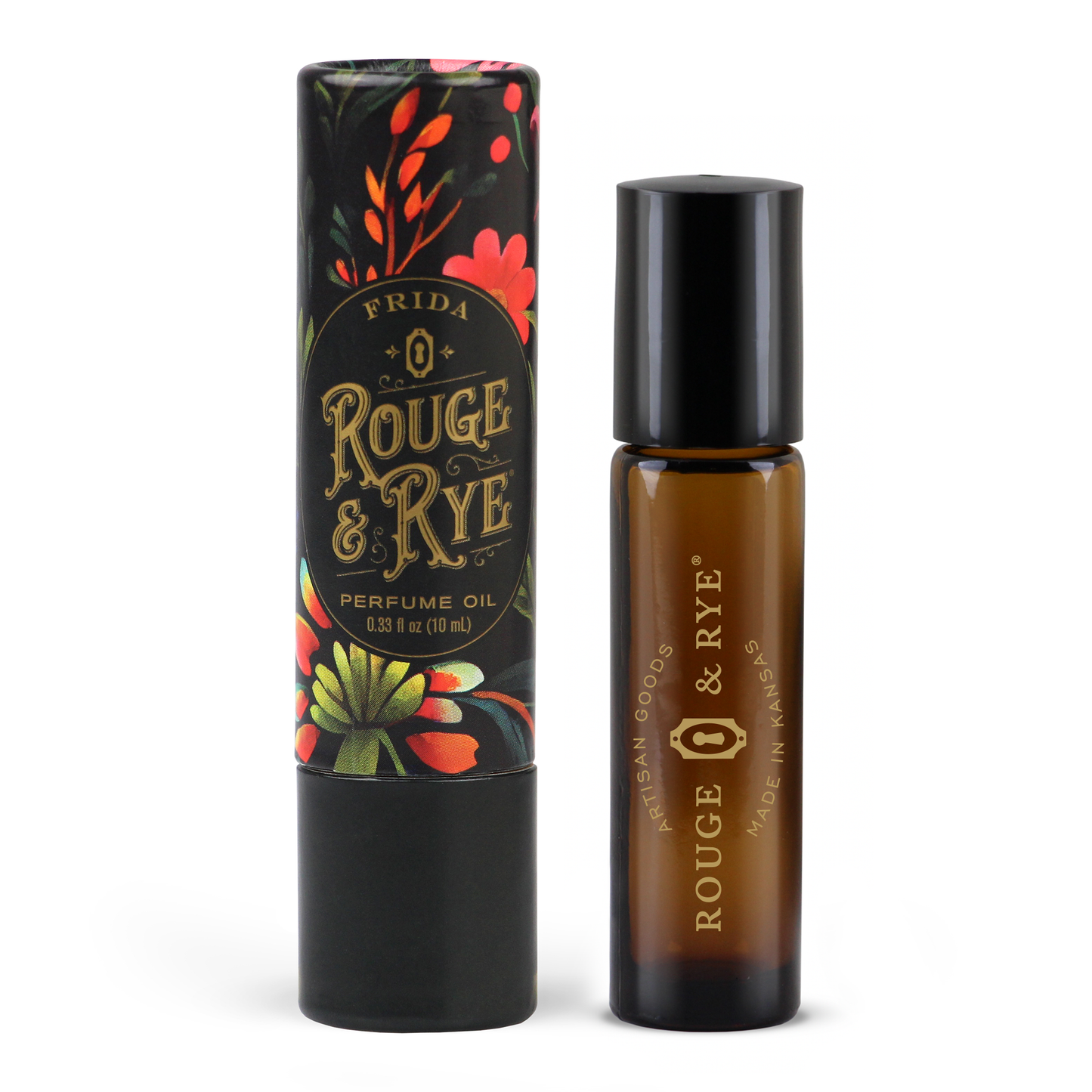 Frida Rouge & Rye perfume oil with floral packaging on a white background