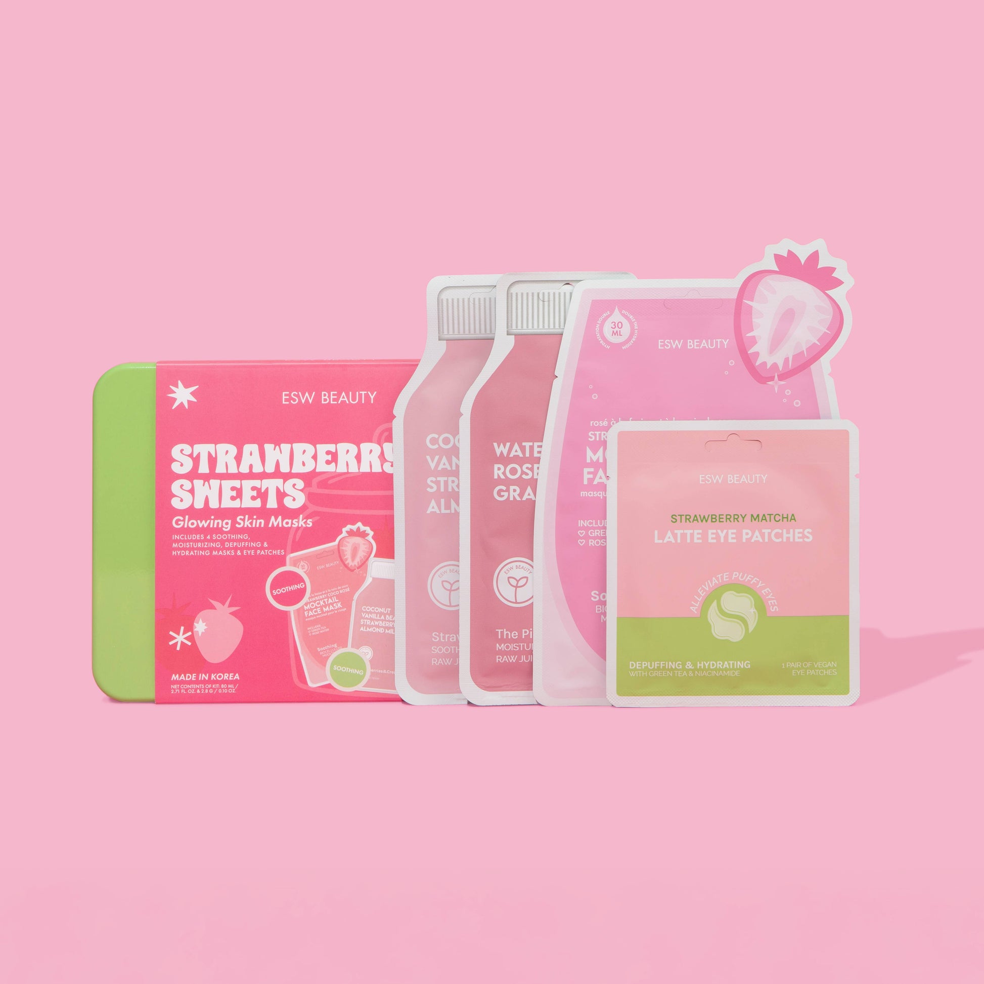ESW Beauty Strawberry Sweets skincare products on a pink background