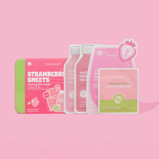 ESW Beauty Strawberry Sweets skincare products on a pink background