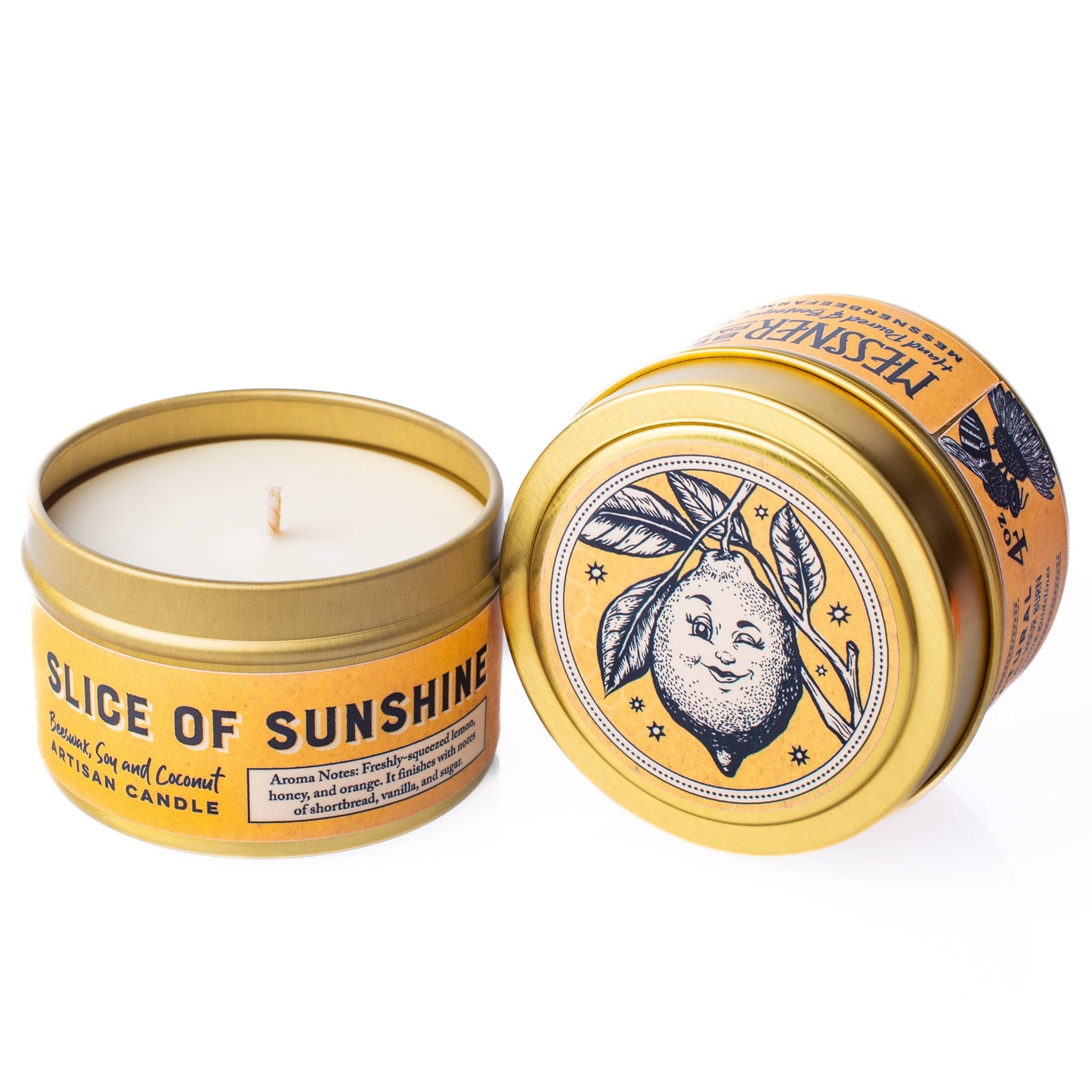 Candle in a tin labeled 'Slice of Sunshine' with a decorative lid on a white background