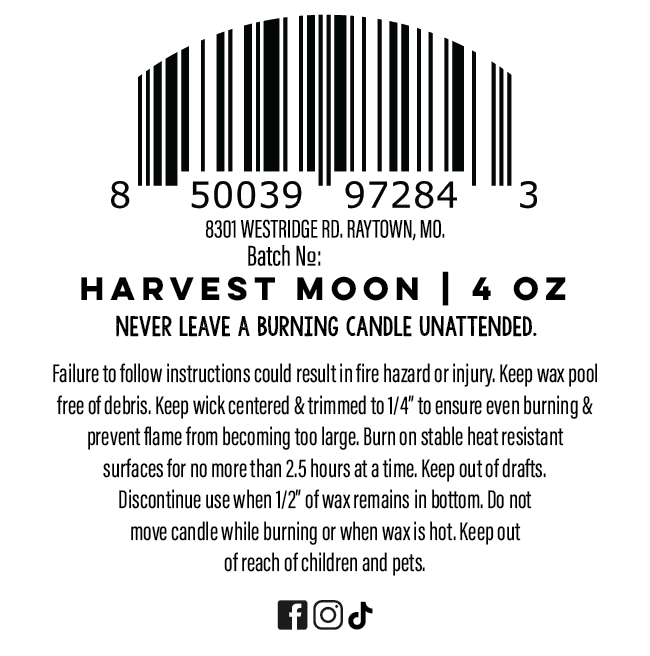 A black printed candle label on a white background with a barcode, product name 'Harvest Moon | 4 oz', batch number, safety instructions, and small social media icons at the bottom.