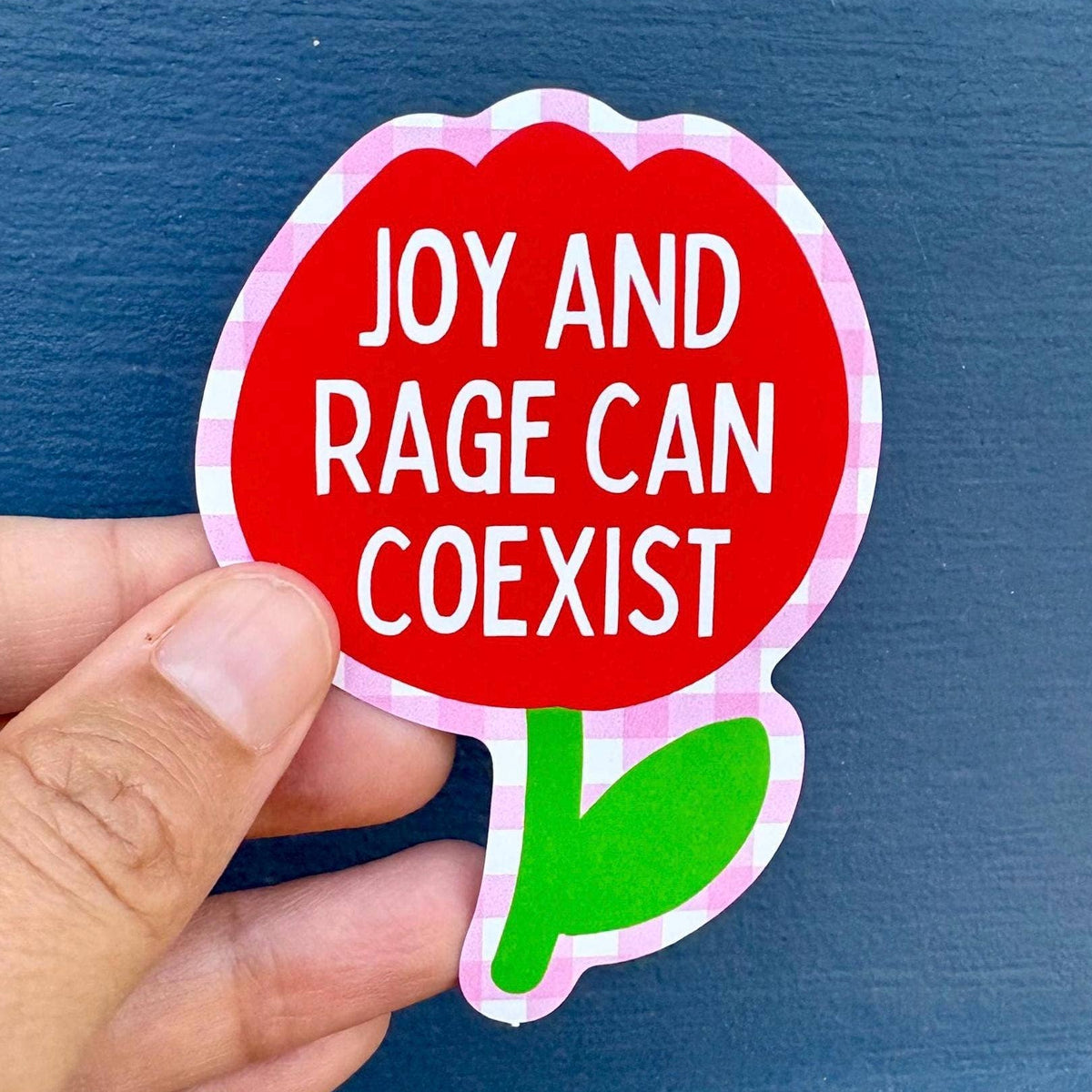 Hand holding a red flower-shaped sticker with 'Joy and Rage Can Coexist' text against a blue background