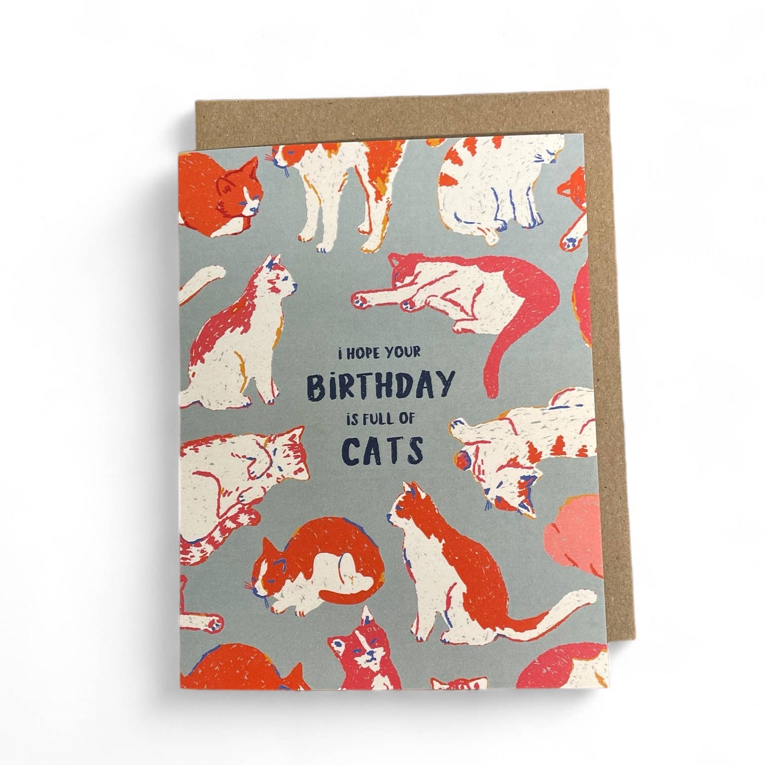 Greeting card with cat illustrations and text on a gray background
