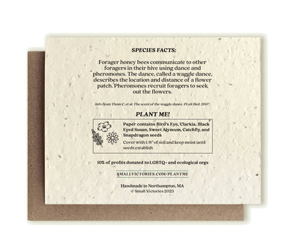 Seed paper card with bee communication facts and plantable seeds on a white background