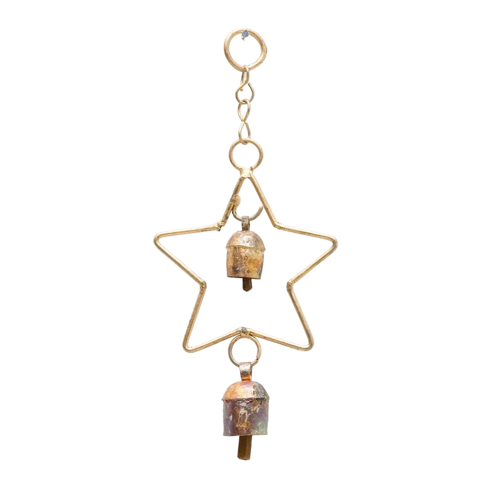 A gold-toned metal hanging ornament featuring a large star outline enclosing two small bell-shaped charms with iridescent, coppery-purple patina, suspended from a small ring on a white background.