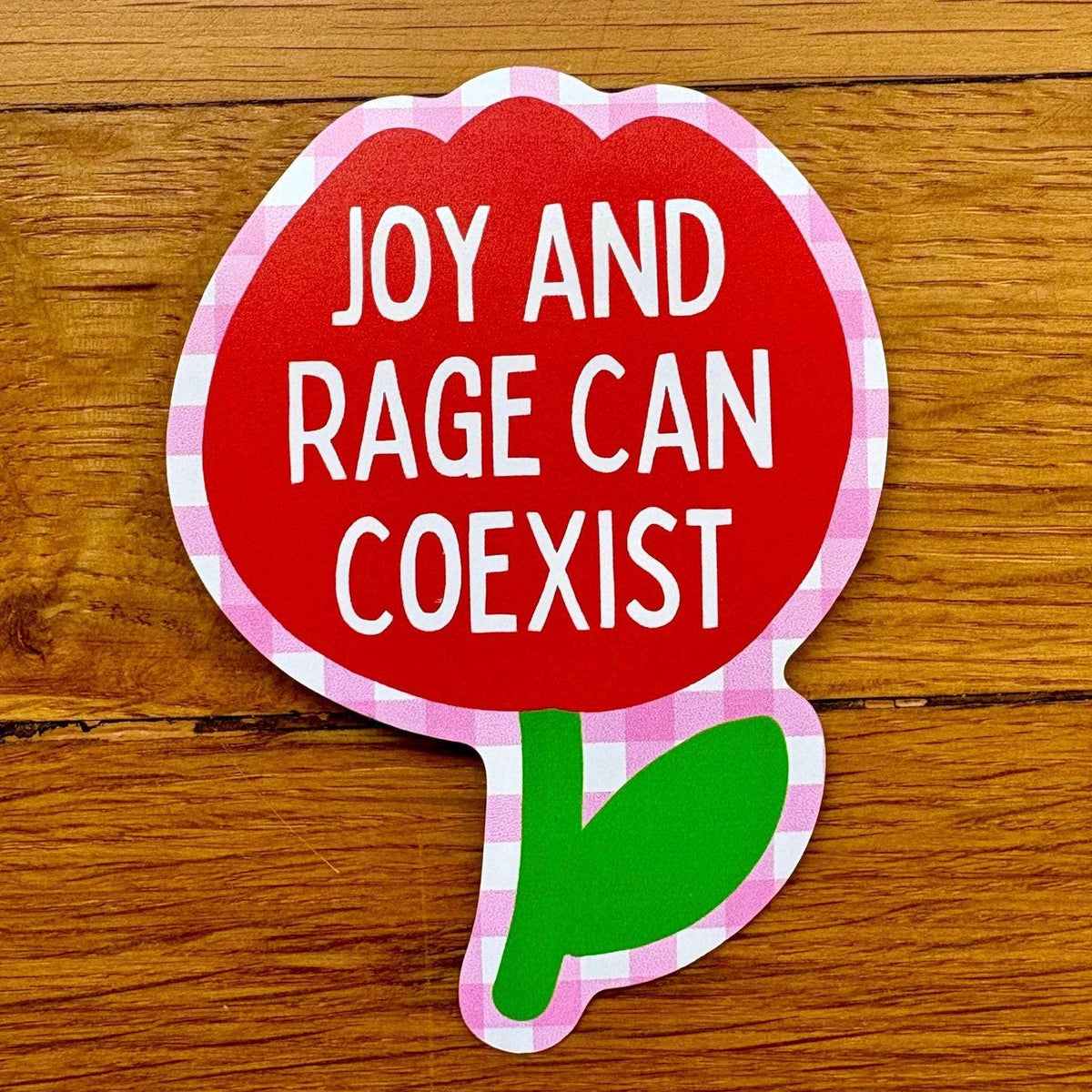 Red flower-shaped sign with 'Joy and Rage Can Coexist' text on a wooden surface