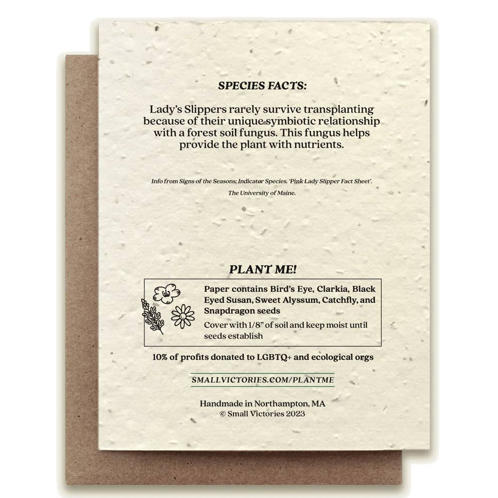 Seed packet with plantable paper and text about lady's slippers and planting instructions.