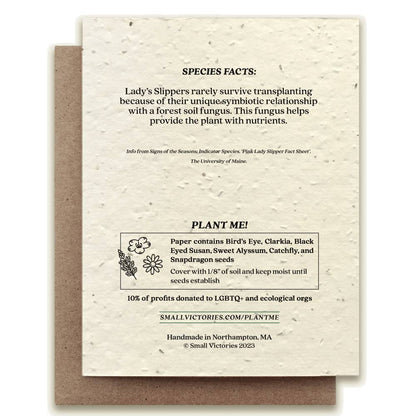 Seed packet with plantable paper and text about lady's slippers and planting instructions.