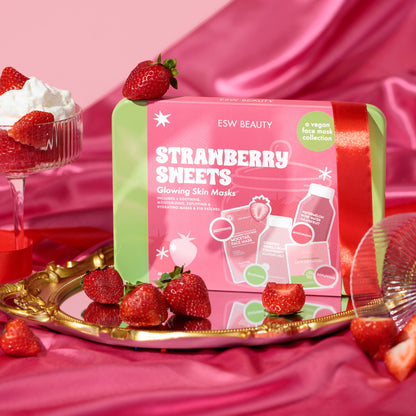 ESW Beauty Strawberry Sheets packaging with strawberries on a pink background