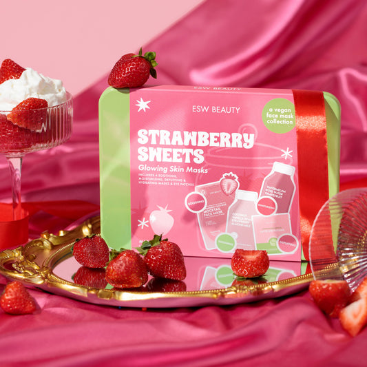ESW Beauty Strawberry Sheets packaging with strawberries on a pink background
