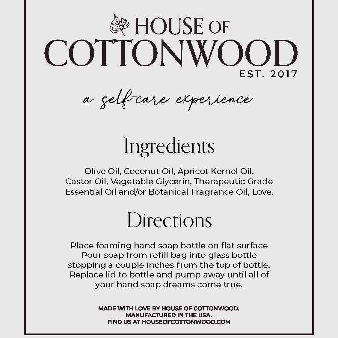 House of Cottonwood soap packaging with text on a white background