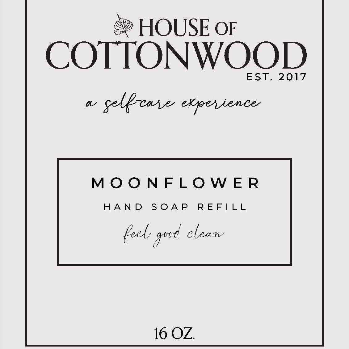 House of Cottonwood hand soap refill packaging with moonflower scent on a white background